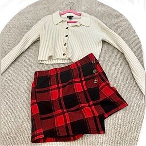 Preppy School girl Red Tartan Plaid skirt SKORTS and white sweater set